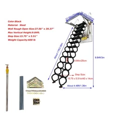 9.84ft Steel Black Attic Pull Down Ceiling Ladder Stairs 12 Steps 27.56''x39.37'