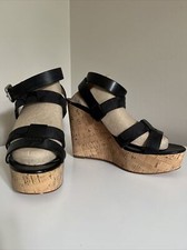Coach Charla Wedges Black Leather Signature Fabric Platform Cork Sandals Size 8