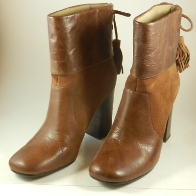 Levity Briana Tan Leather/Suede Stacked Heel Cuffed Tassel Ankle Boots 7 1/2 M