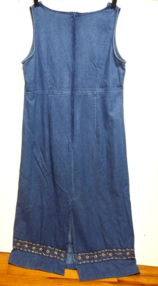 VTG 90s Erika Maxi Dress Denim Modest Sz L Prairie Cottage-Core beaded sleeveles - Изображение 2 из 4