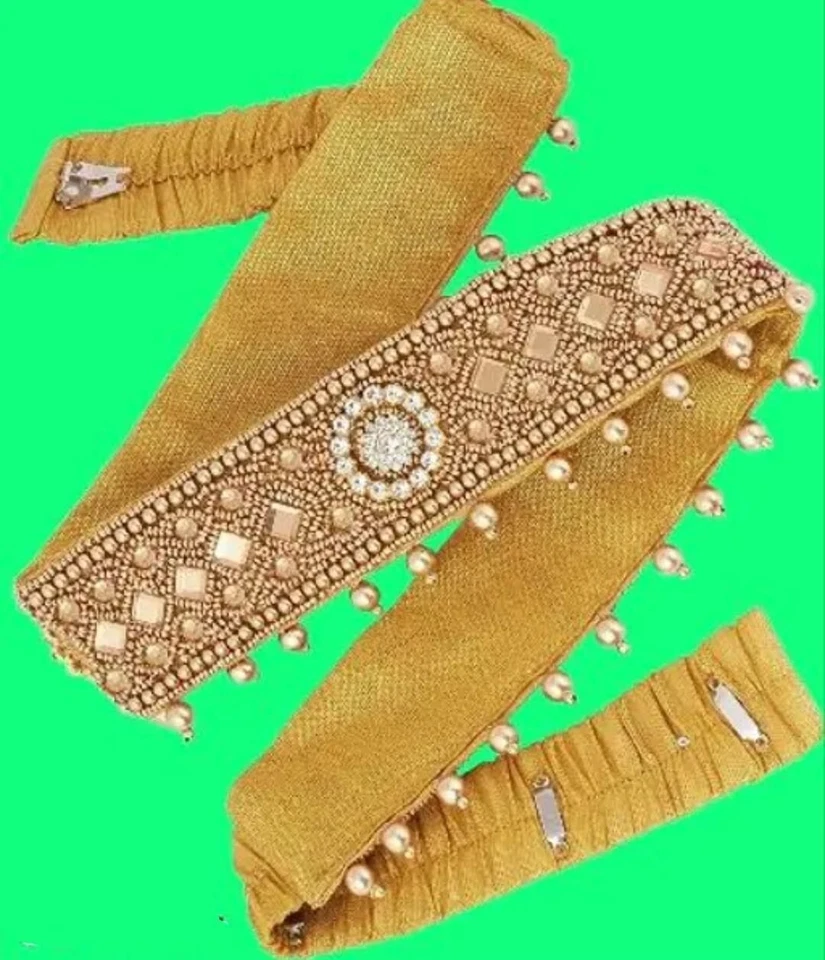 Elegante Espejo Tradicional Trabajo Largo Ajustable Tacto Dorado Kamarbandh Foto 3 de 3