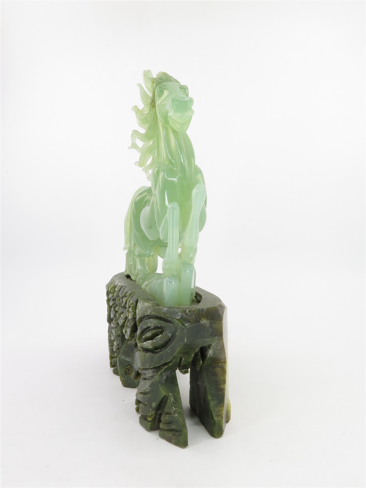 Chinese Translucent Xiu Jade Horse atop Stone Carved Base 9.25" Tall x 6.25"