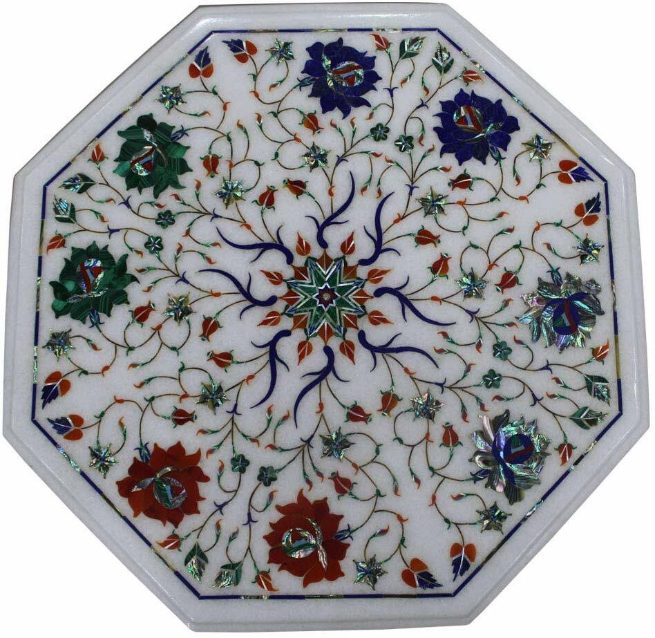 15-inch marble side table with malachite inlay and semi-precious stone art decor
