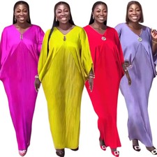 African Women Evening Pleated Kaftan Maxi Dress Batwing Sleeve Dubai Loose Gown