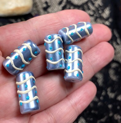 Glass Tube Beads for Jewelry Making Blue Bead Pearl Wavy Line 20mm 10 pc DIY