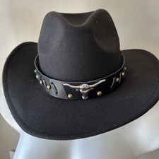 Women Men Wool Blend Wide Brim Western Cowboy Hat Cowgirl Cap Black Leather Belt