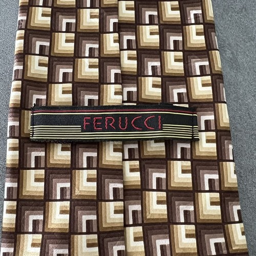 Ferucci All Silk Hand Made Formal Classic Necktie Neck Tie Tan Geometric Pattern - Picture 4 of 6