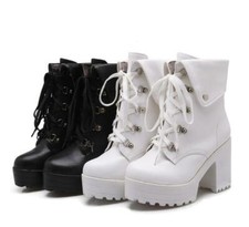 Gothic Women's Platform Ankle Boots Lace Up High Block Heel Cosplay Shoes Riding