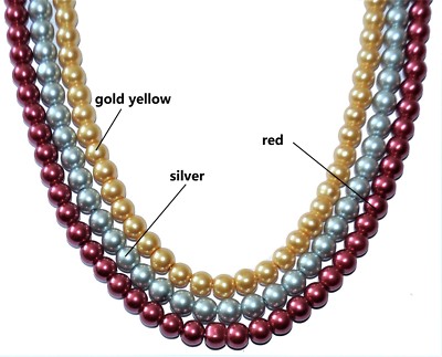 eine Schnur aus 75 cm runden Glasperlen Perlen von 6 & 8 mm, goldgelb, rot, silber