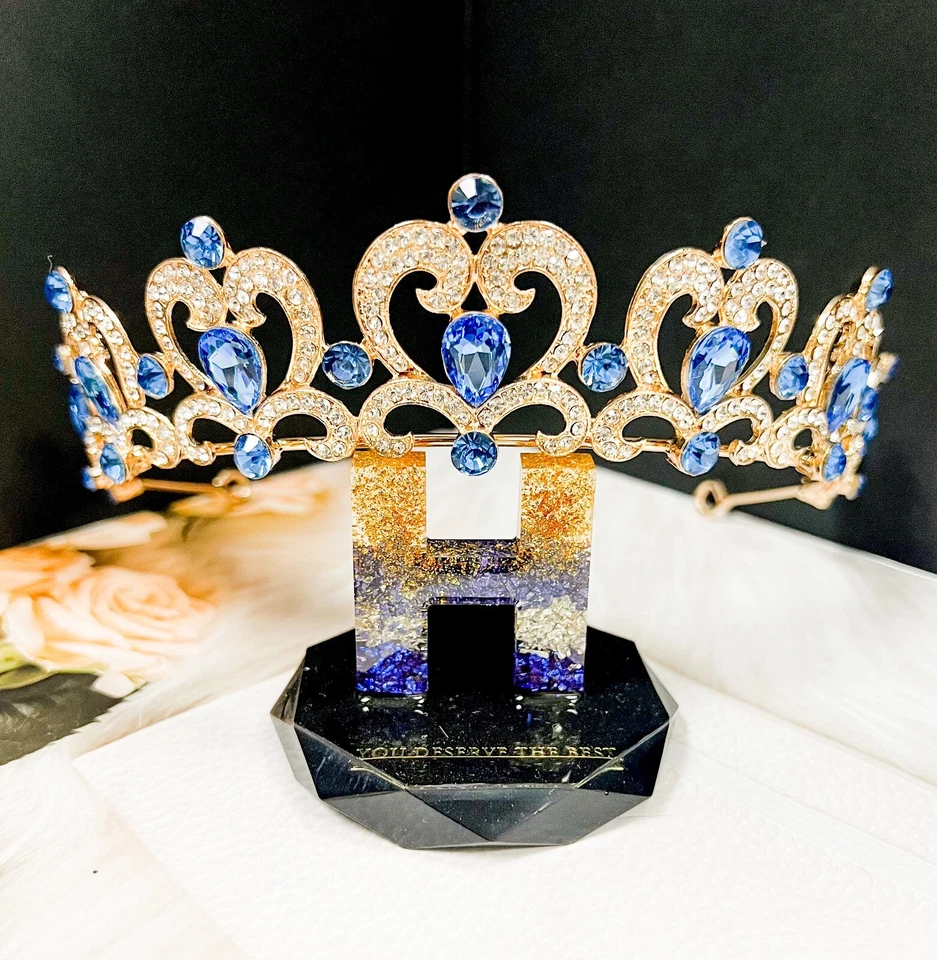 Blue Rhinestone Tiara, Girls Gold tiara, Heart shape tiara, Princess party tiara - Image 4 of 4