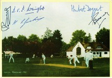 Cricket WRIGHT DOGGART JACKSON BERRY SPOONER MANN Signed Cricket Postcard