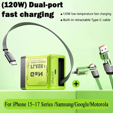 2 in 1 Gan Charger Type C/L , 120W Compatible Fast, Retractable Wall NEW