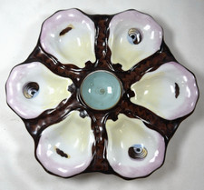 Antique French Majolica Pottery Oyster Plate Dish 9-1/4" Diameter