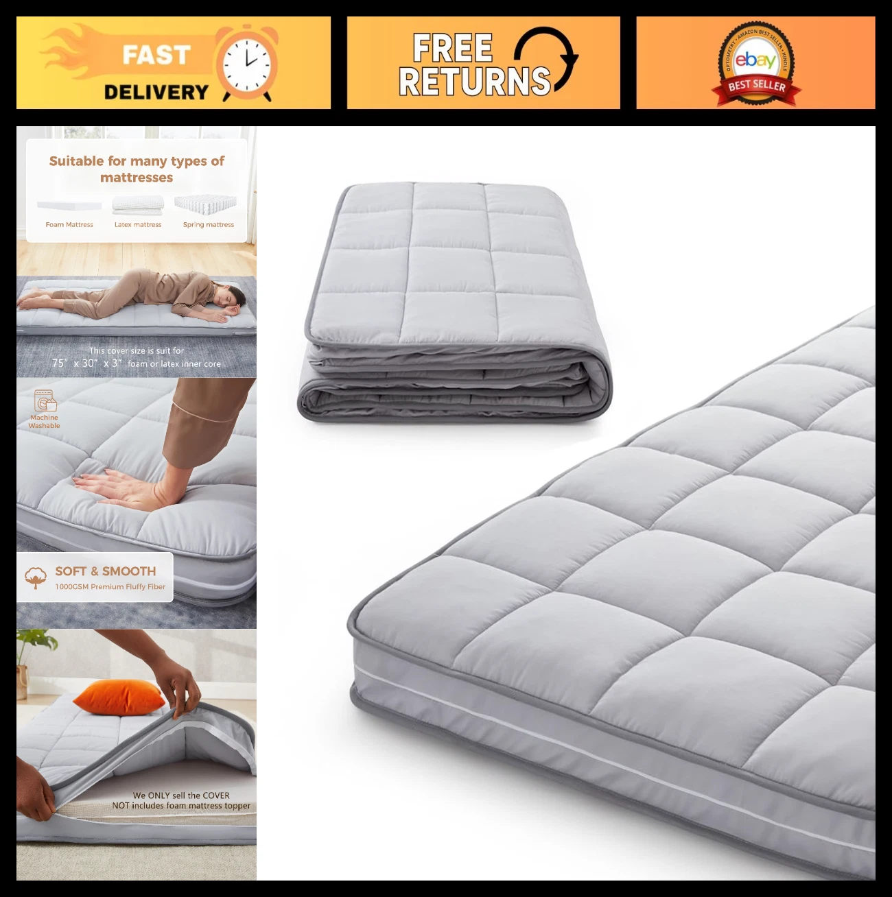 Narrow Twin Mattress Topper Cover - Foam & Latex Protector, Zippered Pillow Top