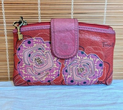 Vintage Fossil Red & Pink Leather Card Clutch Wallet Flower Appliqué Key Y2K