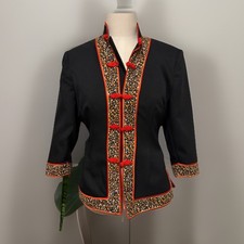 Vintage Asian Jacket Floral Accents Red Knot Buttons Mandarin Collar