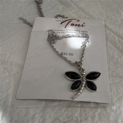 Toni Dragonfly Pendant Necklace Silver Tone with Black Agate Marquise Stones