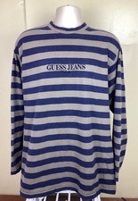 Vtg 90s Guess Jeans USA Striped Long Sleeve T-Shirt Brown Blue XL Made In USA