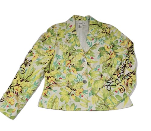 Coldwater Creek Floral Embroidered Blazer Women Large Linen Rayon Buttons Beaded - Picture 1 of 11