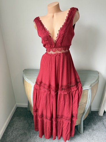 Boho Romantic Maxi Dress S Dramatic Red Vtg Y2k Fairy V Renaissance Festival