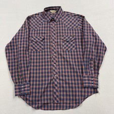 Vintage Sears Western Wear Shirt Mens XL Blue Plaid Pearl Snap Western 70s