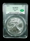 2021 Type 1  S$1 American Silver Eagle CAC MS70 #7427
