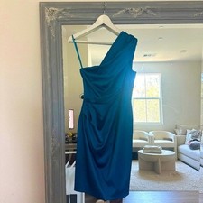 Eliza J Teal Satin One-Shoulder Sleeveless Cocktail Dress Sheath Dress 8