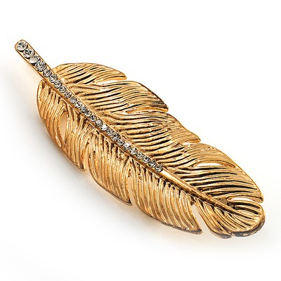 Gold Tone Clear Crystal Feather Brooch