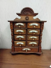 Antique Wooden German Spice Cabinet 9 Drawer Labels and Knobs