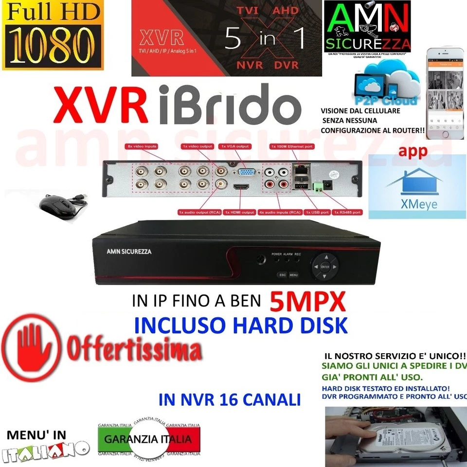 AMN SICUREZZA DVR NVR IBRIDO NVR AHD TVI CVI 8 CH CANALI FULL HD IP CLOUD 3G WIFI 5mpx HD 500