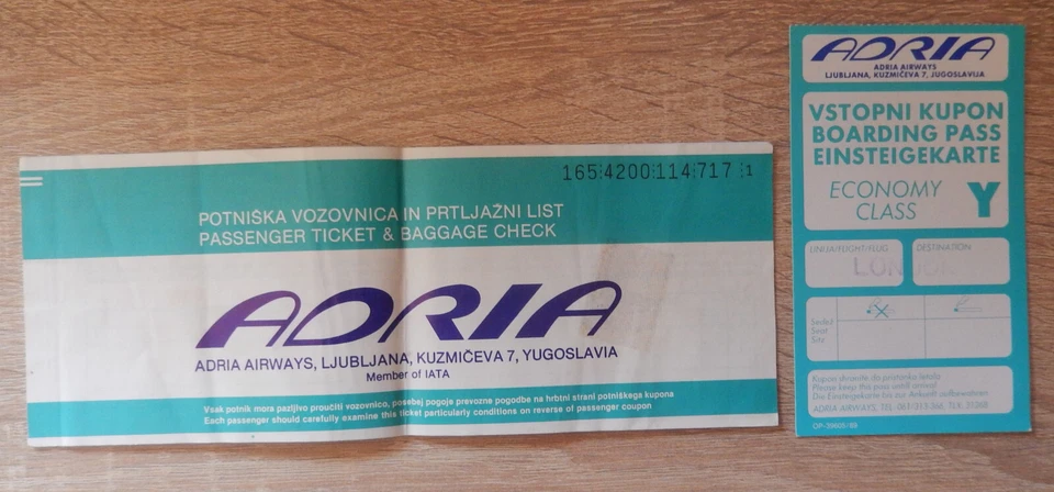 ADRIA AIRWAYS  EX_YUGOSLAVIA VINTAGE PLANE TICKET