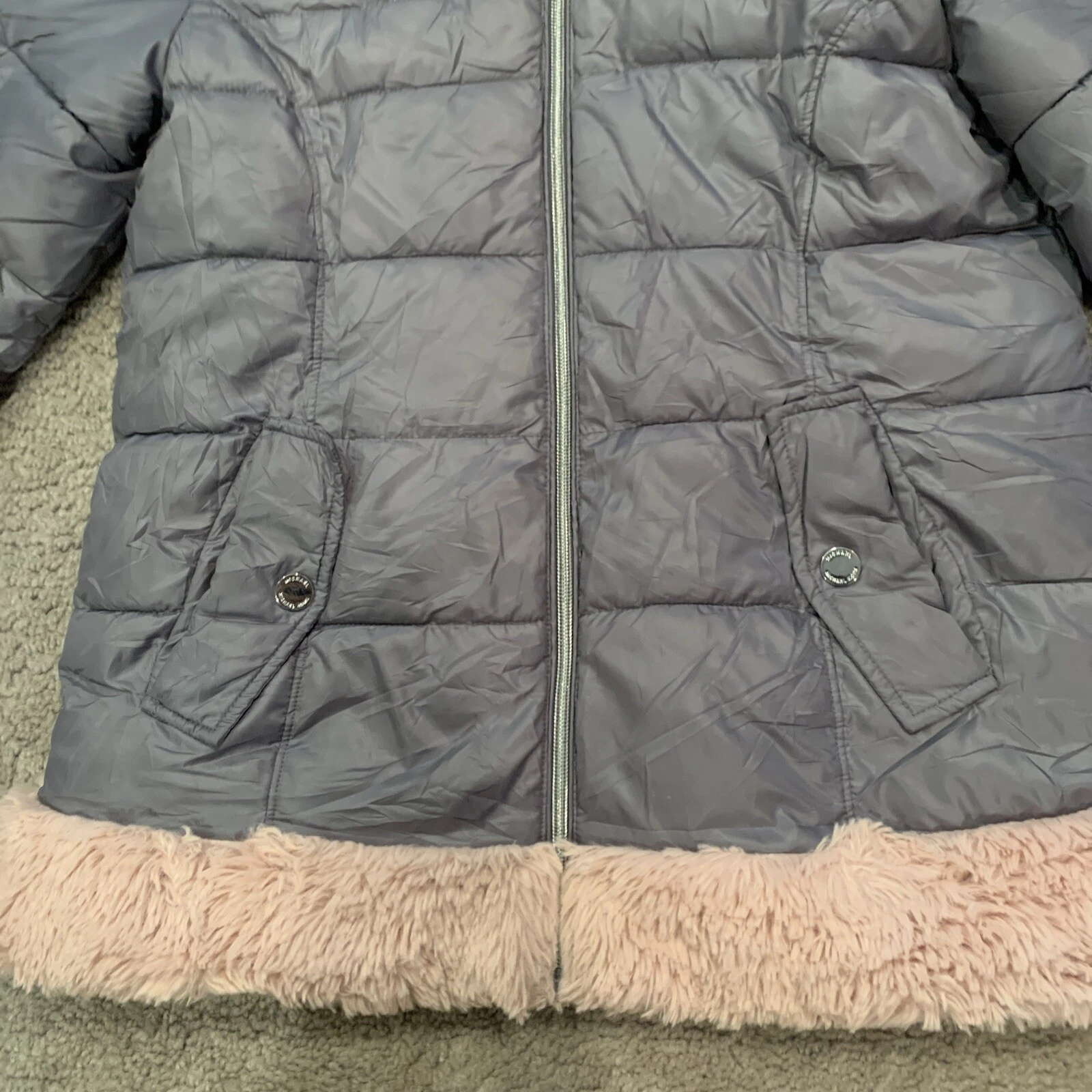 Cappotto imbottito invernale grigio Michael Kors bambina con cappuccio orlo pelliccia sintetica rosa taglia 14