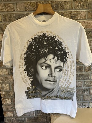 Vintage Michael Jackson King Of Pop Tribute Short Sleeve White Shirt Mens M-Tall