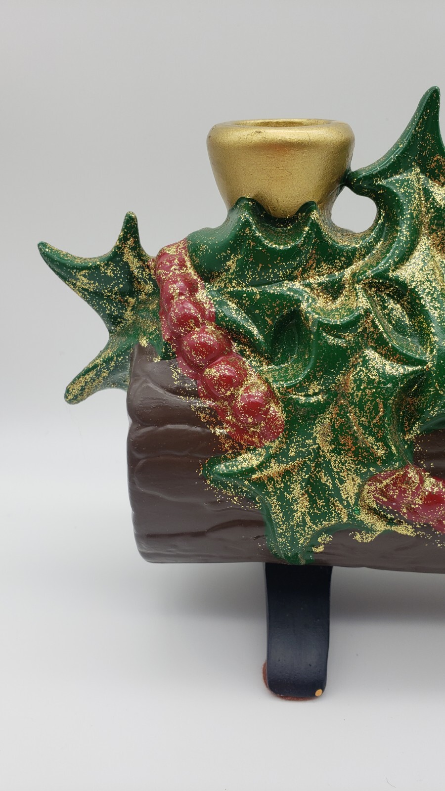Vintage Atlantic Mold Christmas Yule Log Candle Holder Holly Berries