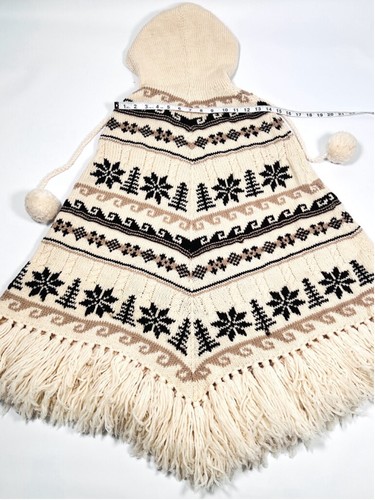 J.Crew Womans Poncho Wool Retro Vintage One Size Off-White Tan Brown Hood - Picture 5 of 12