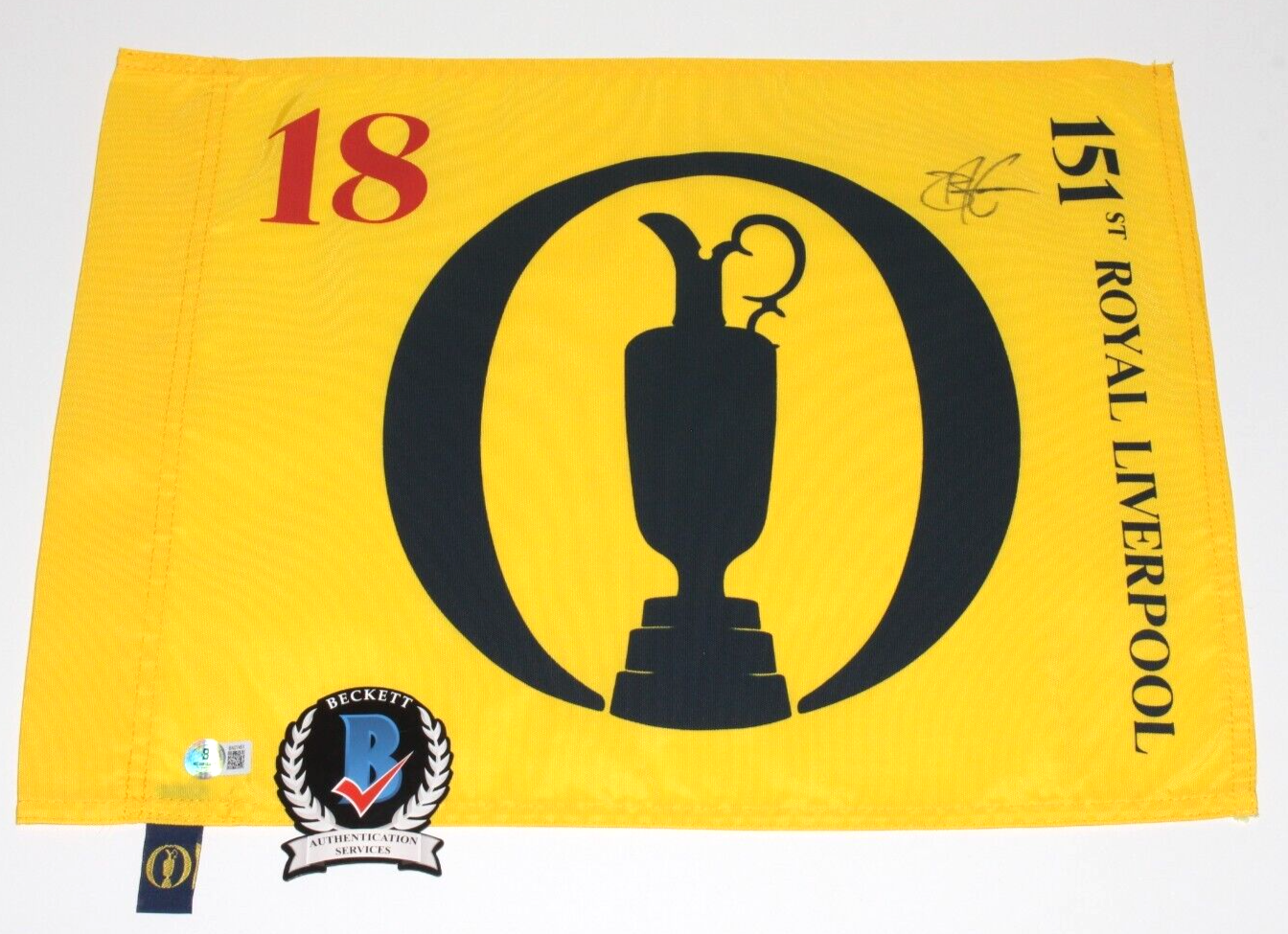 Dustin Johnson Autographed Signed BRIAN HARMAN 151st 2023 BRITISH OPEN PIN FLAG ROYAL LIVERPOOL BECKETT COA 