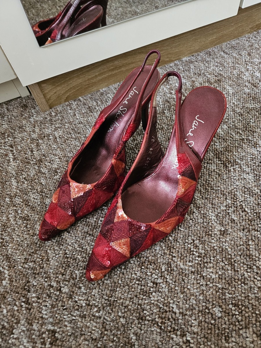 Jane Shilton High Heels Leather Slingback Red Sequin Embellishe