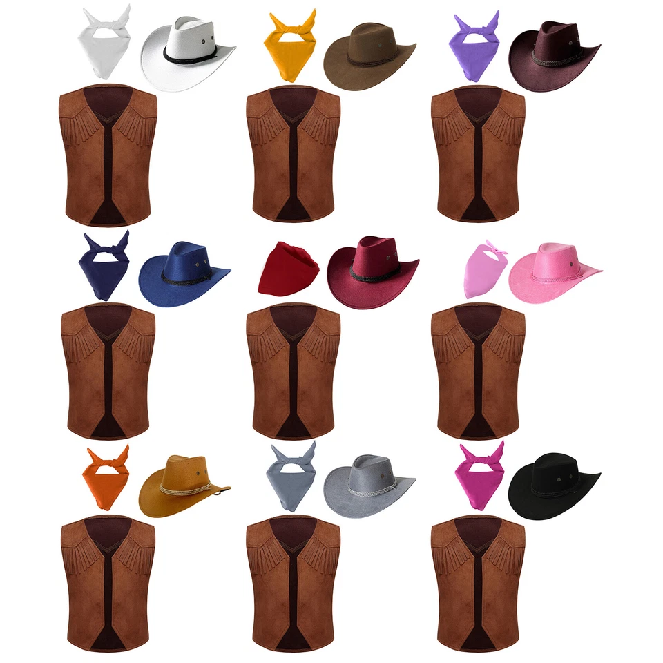 Cowboy Costume Fancy Dress Up Set with Waistcoat Bandanas and Hat for Boys Girls - Image 3 of 4