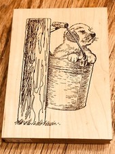 Wood Block Rubber Stamp - Dog in Pail - 1994, 4" x 2-3/4" - Sale