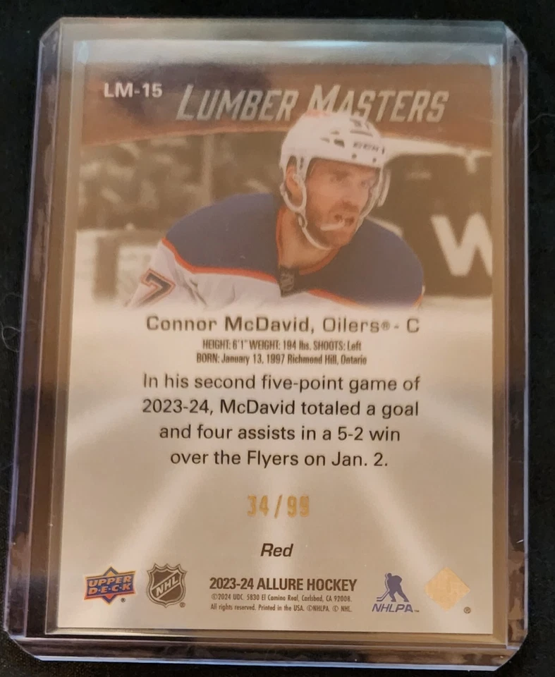 Connor McDavid 2023-24 UD Allure Lumber Masters Red /99 #LM-15 Edmonton Oilers - Image 2 of 2