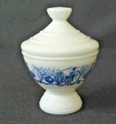 Vintage Milk Glass Lidded Footed Candy Dish Blue Asian Scene Made in Belgium