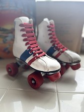 Vintage Roller Derby Skates - White Blue Red Fireball Wheels Girls Sz 13