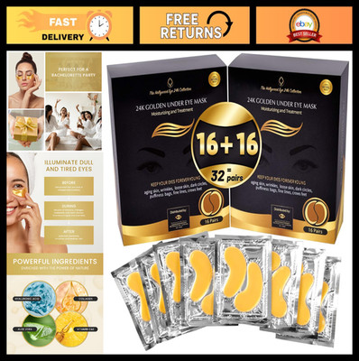 24K Gold Under Eye Patches - 32 Pairs for Puffiness & Dark Circles, Eye Care Mas
