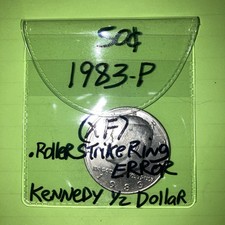 1983-P Kennedy Half Dollar 50c Coin Roller Strike Ring Error (XF)Extremely Fine 