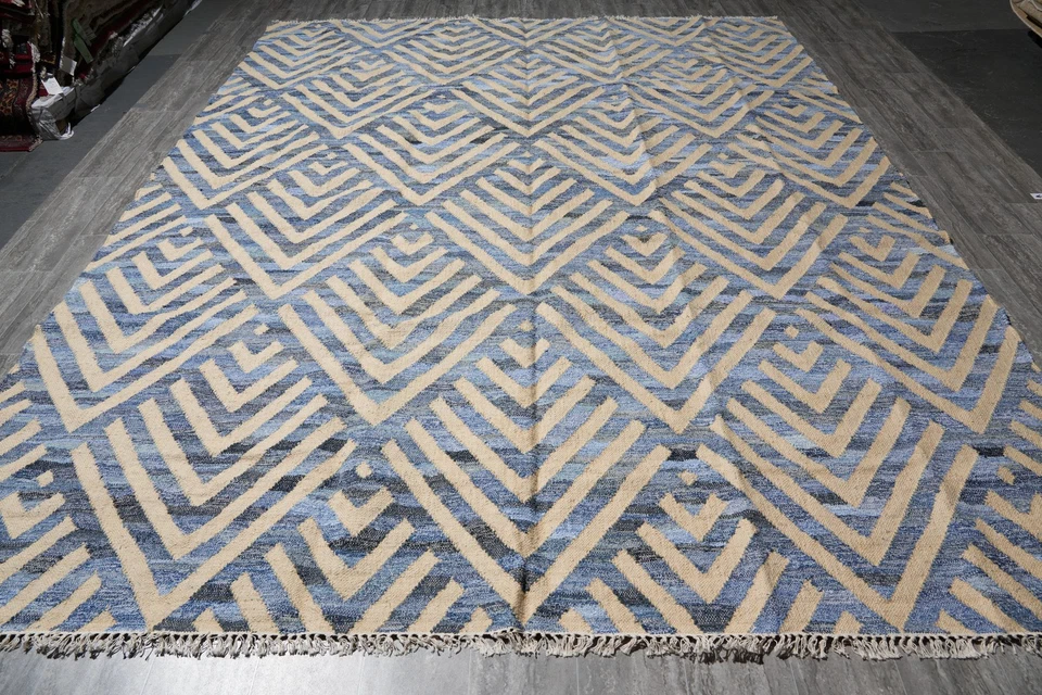 Alfombra moderna de lana tejida plana hecha a mano 9 x 12 lana y bambú seda #F-4078 Foto 2 de 4