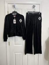 New Juicy Couture Black Velour Tracksuit Set Size S Heart Glitter Jacket Pants