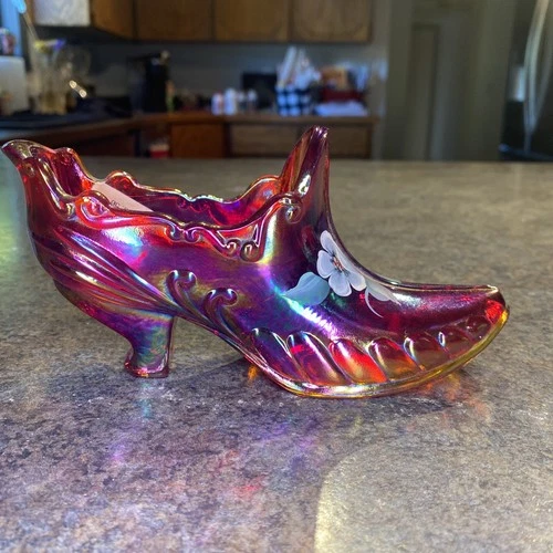 Fenton Iridescent Ruby Red Floral Shoe Signed B. Pezzoni