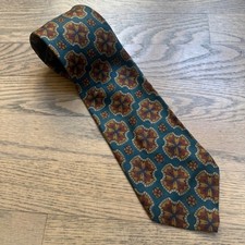 XMI Mens Necktie Teal Blue Gold Brown Floral Geometric Pattern Silk Tie
