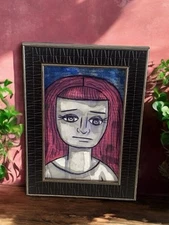 Original Painting Sad Pink Hair Ghost Woman Ooak Framed Home Decor Art