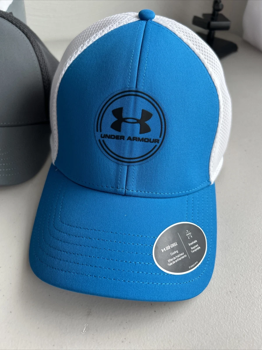 Under Armour Iso-Chill Driver Mesh Fitted Golf Cap Hat Blue White Mens L/XL